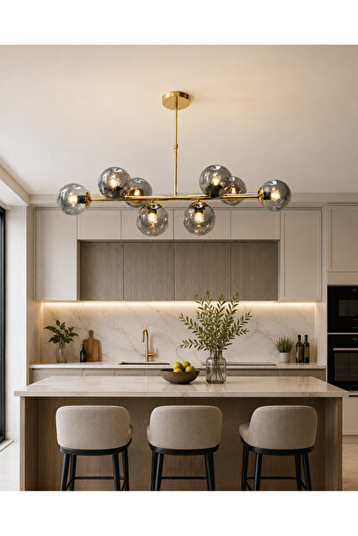 Led YENİ MODEL 100 CM 8 Lİ FÜME CAMLI AVİZE GOLD RENK İTHAL KASA