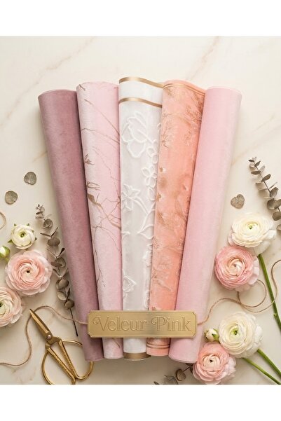 hobidaşım Veleur Pink Serisi Lüks Çiçek Buketi Ambalaj Kağıdı Seti - Özel Dok...