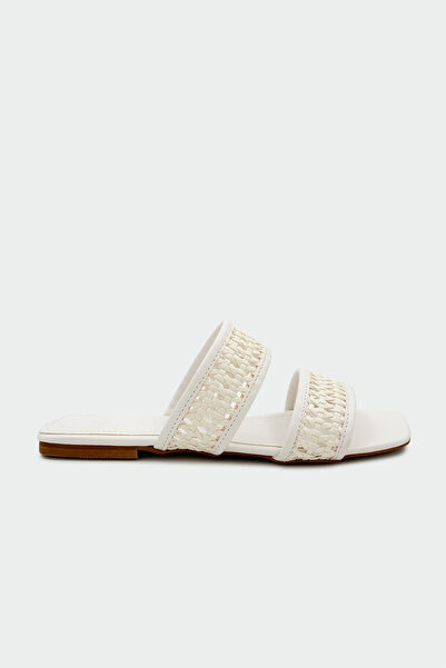LAMİNTA Page Knitted Detailed Double Strap Flat Women's White Slippers