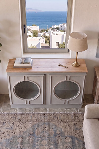 AdnDesing Doğal Ahşap Tablalı Eskitme Konsol & Çok Amaçlı Büfe Dolap