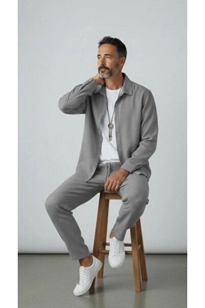 FAVORİST Men's Long Sleeve (Shirt and Pants) Wrinkled Tracksuit Set