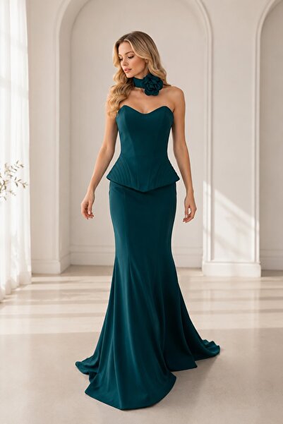 Rain and River Evening dress with neck flower accessory