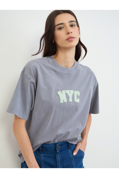 Styli Blue Acid Wash NYC Slogan Cotton T-Shirt