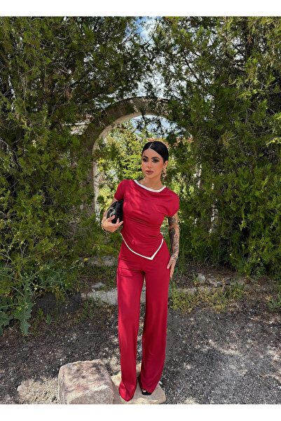 kırmızı butiks Burgundy Ribbed Viscose Asymmetrical Set