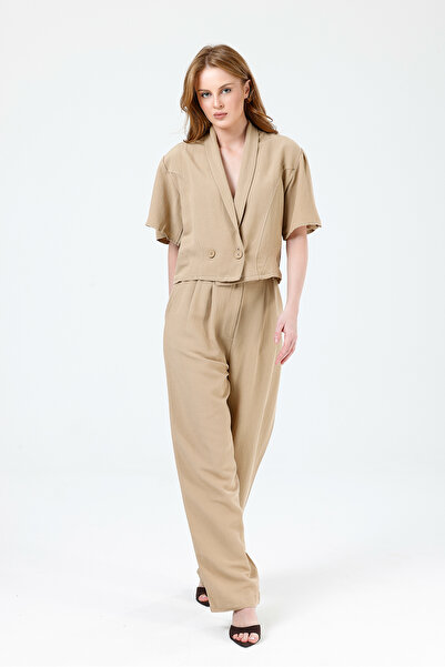 ONE WEAR Women's Beige Linen Summer Top and Bottom Set