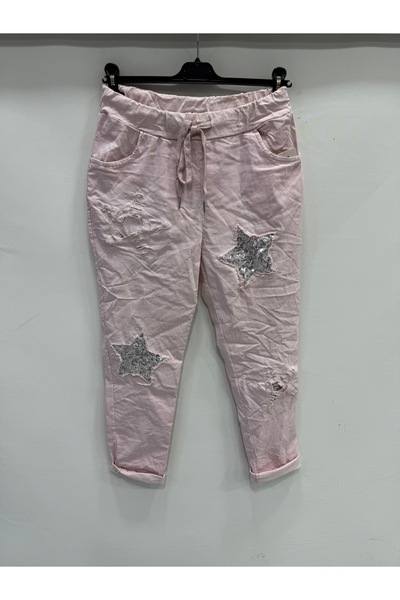 della moor Women's Powder Italian Star Patterned Sequined Elastic Waist Lace-...