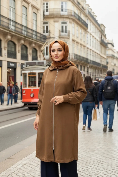 MissWhence Zippered Hooded Cap with Stitching Detail 39406 Brown