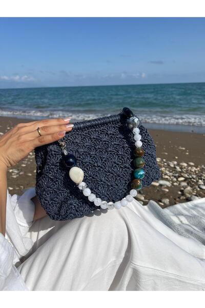 By GG Tasarım Lacivert Burslu boncuk saplı Astarlı Clutch Şık El Çantası Günl...