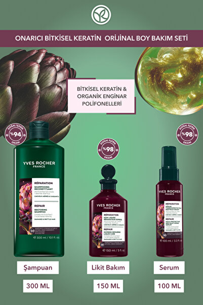 Yves Rocher Onarıcı Bitkisel Keratin Orijinal Boy Saç Seti-Şampuan 300 ml&Likit Bakım 150 ml&Isı Koruyucu 100ml