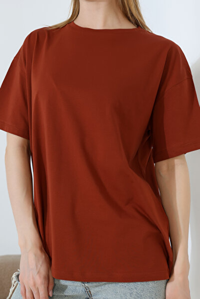 Endies Tricou oversize cu gât rotund, 100% bumbac, bumbac pieptănat, compact, de bază, 21752 MARO DESCHIS