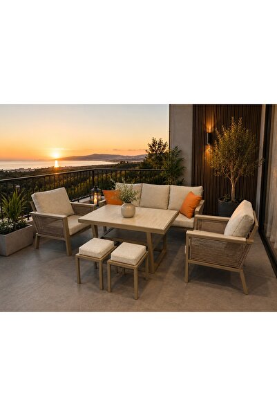 zerkaconcept Kanyon Metal Bahçe Balkon Teras Koltuk Takımı 3+1+1+Masa+2 Adet Puf
