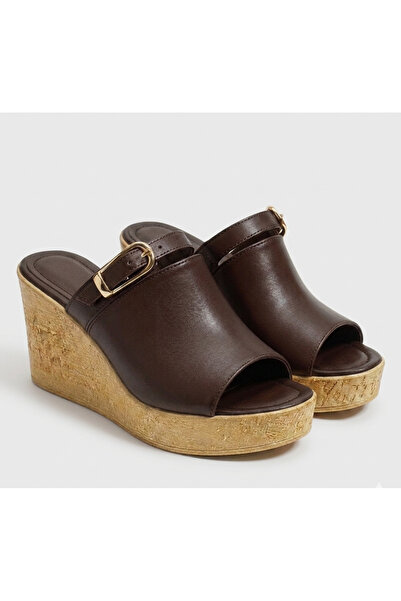 guijarro Women's Dark Brown Light Cork Sole Buckle Wedge Heel Slippers 7 cm