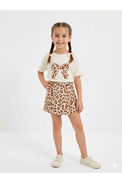 Kidscocuk Girl's Leopard Patterned Stone Detailed Shorts Skirt Set 2 Pieces (...