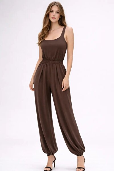 Cool & Sexy Brown Modal Fabric Elastic Waist Detailed Shalwar Form Jumpsuit