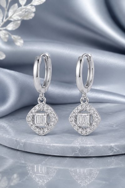 Liacharm Zircon Stone Stainless Steel Earrings - Baguette Stone Square Pendant Earrings