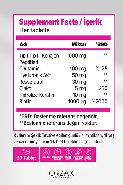 DAY2DAY The Collagen Beauty Core Kolajen Tip 1-3, Resveratrol, Keratin, Biotin, C Vitamini, Çinko 30 Tablet