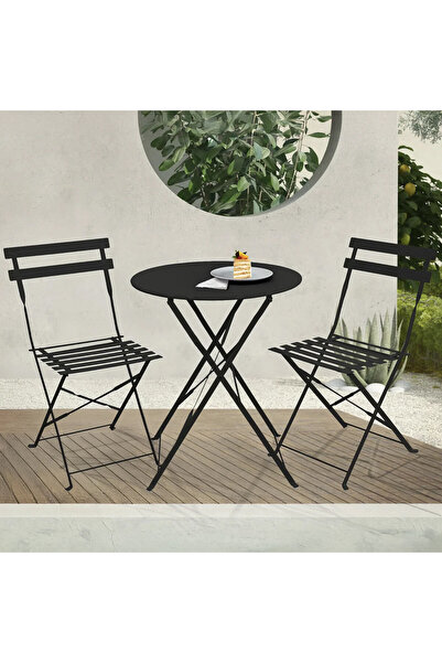 MAPROFI Set Bistro Masa cu 2 Scaune pliabile, MAPROFI, Set 3 piese, Mobilier Gradina Terasa Balcon, din Otel Vopsit, M 70x60x60cm / S 80x43x40cm, Negru