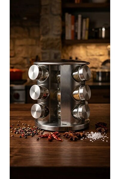 Lumindra 12-Piece Stainless Steel Glass Spice Rack Set with Round Metal Rotat...