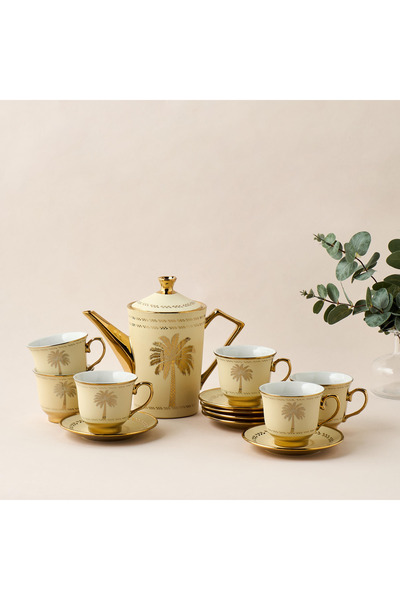 Lifestyle Palm Tree Print 13-Piece Porcelain Cup and Saucer Set with Teapot