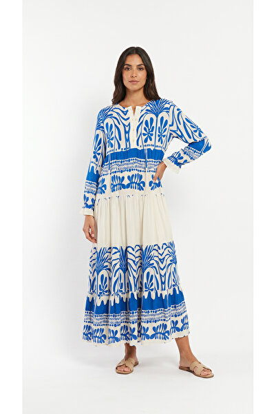 Şeker Portakalım Hakim Collar Front Buttoned Long Sleeve Bohemian Maxi Dress ...