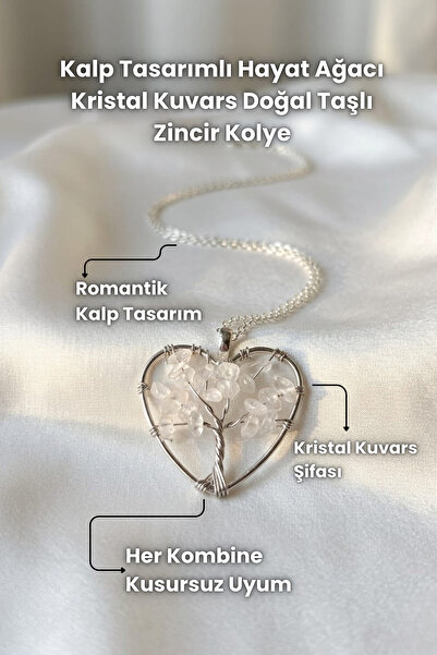Elifsu Jewelry Heart Design Tree of Life Crystal Quartz Natural Stone Chain N...