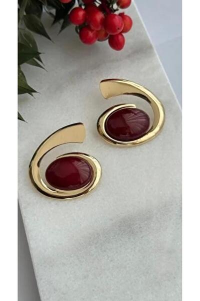 Urban Aksesuar Ortası Bordo Taşlı 14K Altın Kaplama Küpe Gold Renk Şık Kadın ...