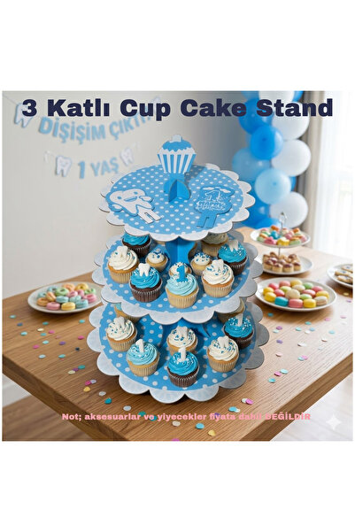 direkstoktan 🧁 3 Katlı Mavi Puantiyeli Karton Cupcake Standı | Diş Buğdayı &...