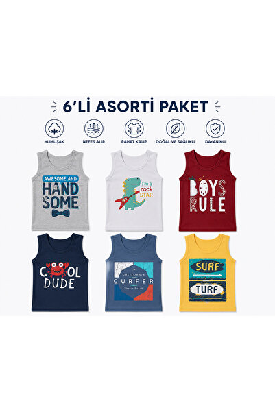 İlke 6’lı Erkek Çocuk Atlet Asorti Paket Pamuklu Renkli Baskılı Çocuk Atlet Seti