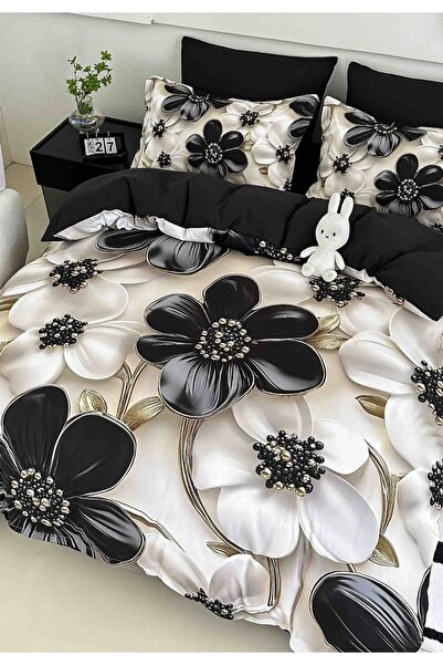 ELEGANZA 5D digital print Duvet Cover Set with Stretchy 6 pieces - black flor...