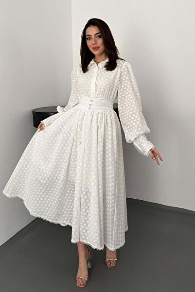Maxi modena White Embroidered Belted Scallop Dress