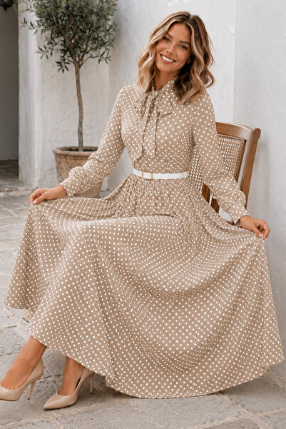 benguen Belted Polka Dot Dress B2613 Beige