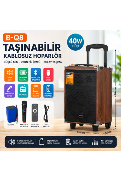 Tastech BQ8 Taşınabilir Büyük Boy Kablosuz Hoparlör Şarjlı Bluetooth Speaker ...