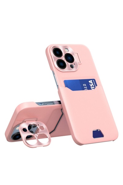 lemontti Husa Leather Stand iPhone 14 Pro Roz, cu suport pentru card