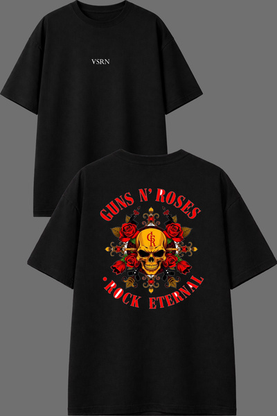 VSRN Tricou negru oversize cu imprimeu Guns N Roses Design pe față și spate