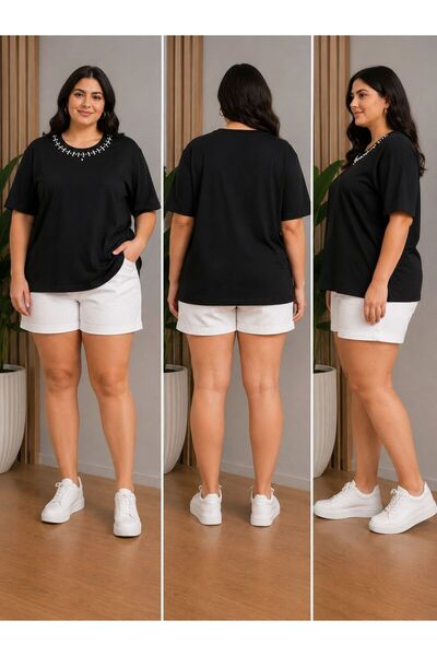 Pozitif Plus Size Women's T-Shirt with Collar and Stone Embroidery