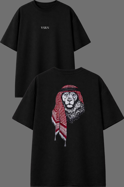 VSRN Poşulu Aslan Design Front and Back Printed Black Oversize T-Shirt