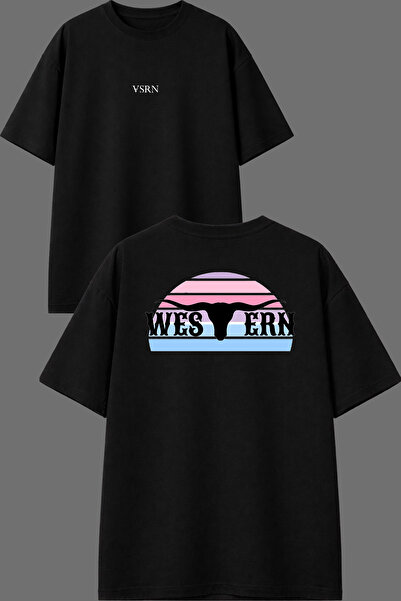 VSRN Western Design Front and Back Printed Black Oversize T-Shirt