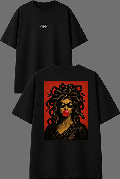 VSRN Snake Hair Design Front and Back Printed Black Oversize T-Shirt