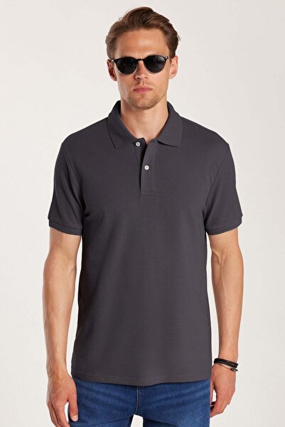 Tudors Erkek Slim Fit Dar Kesim %100 Pamuk Kısa Kollu Polo Yaka Antrasit Tişört