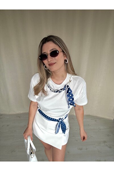 AlisBoutique PREMİUM Marina Serenity Ekru Mavi Çizgili Kuşaklı Şort Etek