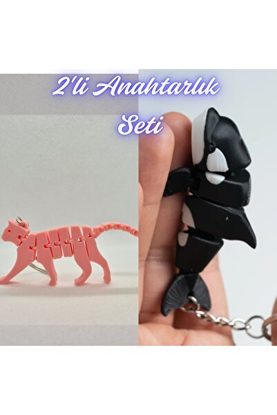 3DAtölyeMaker Light Pink Flexible Cat and Black Flexible Whale Keychain