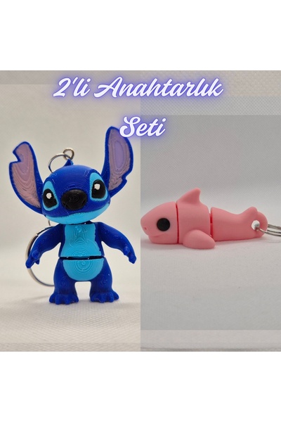 3DAtölyeMaker Blue Flexible Stitch and Light Pink Flexible Shark Keychain