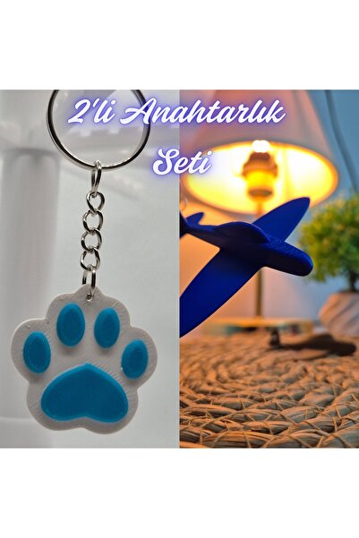3DAtölyeMaker Light Blue Cat Paw and Blue Airplane Keychain
