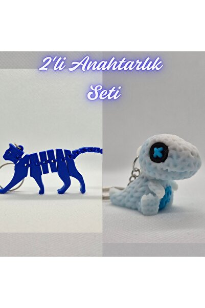 3DAtölyeMaker Blue Flexible Cat and White Knitted Pattern Moving Dino Keychain