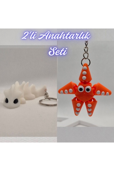 3DAtölyeMaker White Flexible Dragon and Orange Moving Starfish Keychain