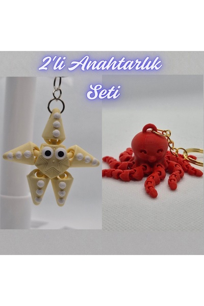 3DAtölyeMaker Light Yellow Moving Starfish and Pink Octopus Keychain