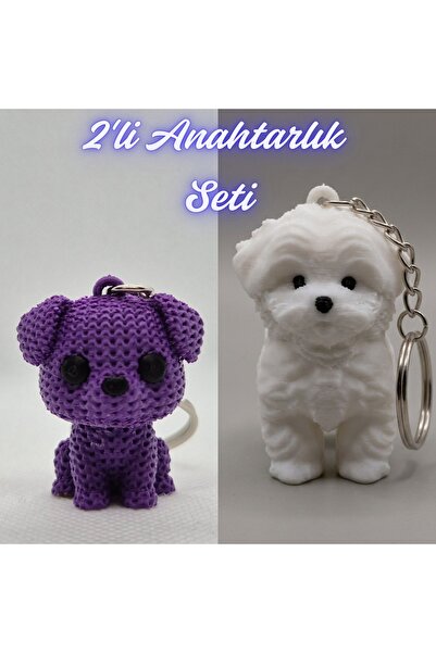 3DAtölyeMaker Purple Knitted Patterned Dog and White Maltese Terrier Keychain