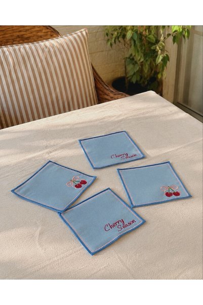 LİONYA DESİGN Set of 4 Cherry Season Embroidered Coasters – Cocktail & Presentation Napkins (14X14 cm)
