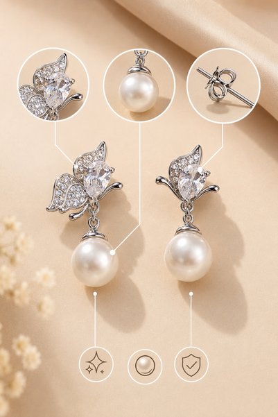morbella Butterfly Figured Pearl Detailed Women's Earrings Stainless Steel Model