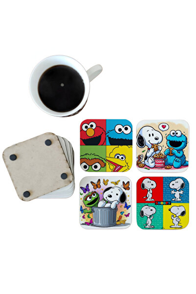 Ghostbastır Snoopy and Sesame Street Decorative Wooden Coaster Set 082